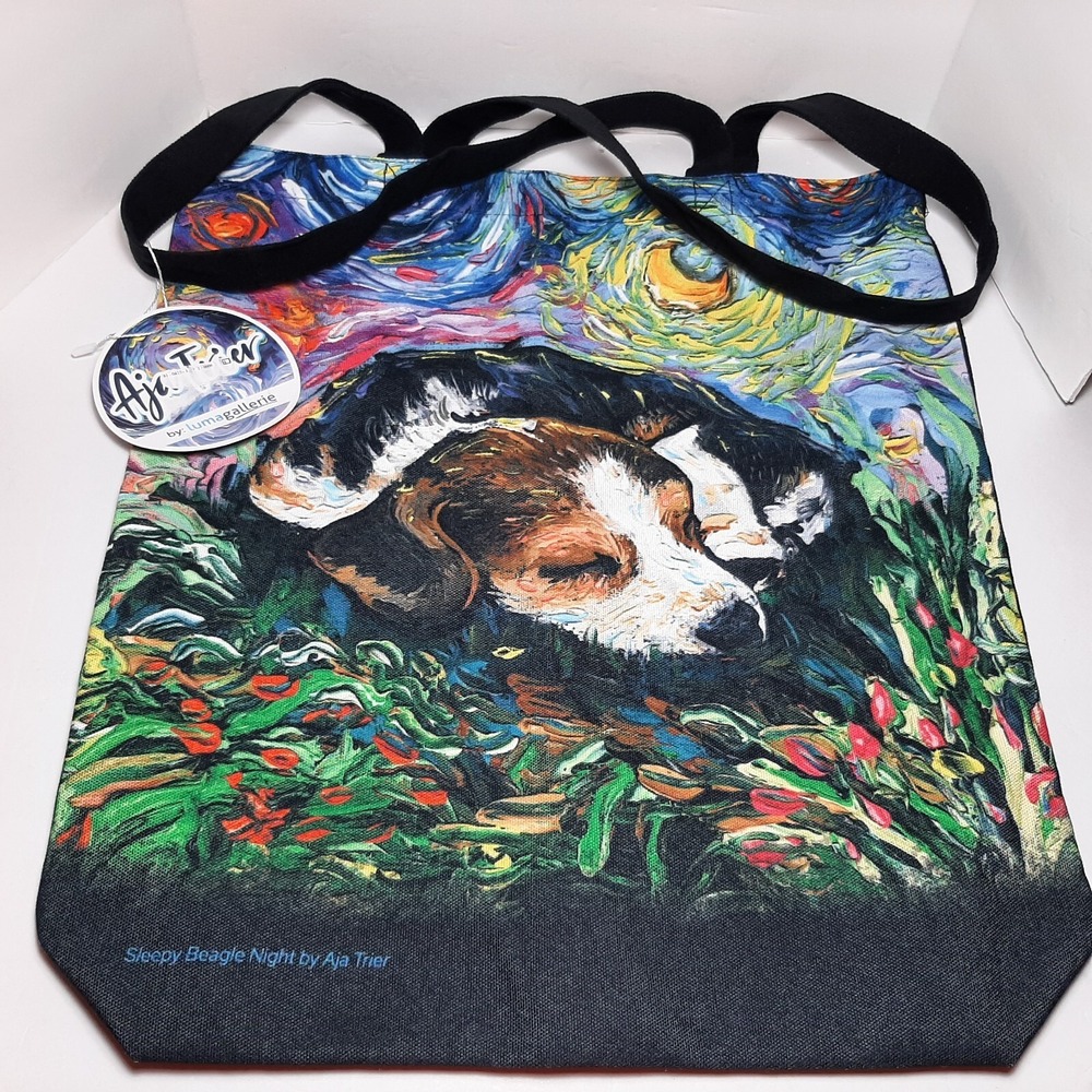 Sleepy Beagle Night Aja Trier Lumagallerie 15" x 16" x 4" Black Canvas Bag
